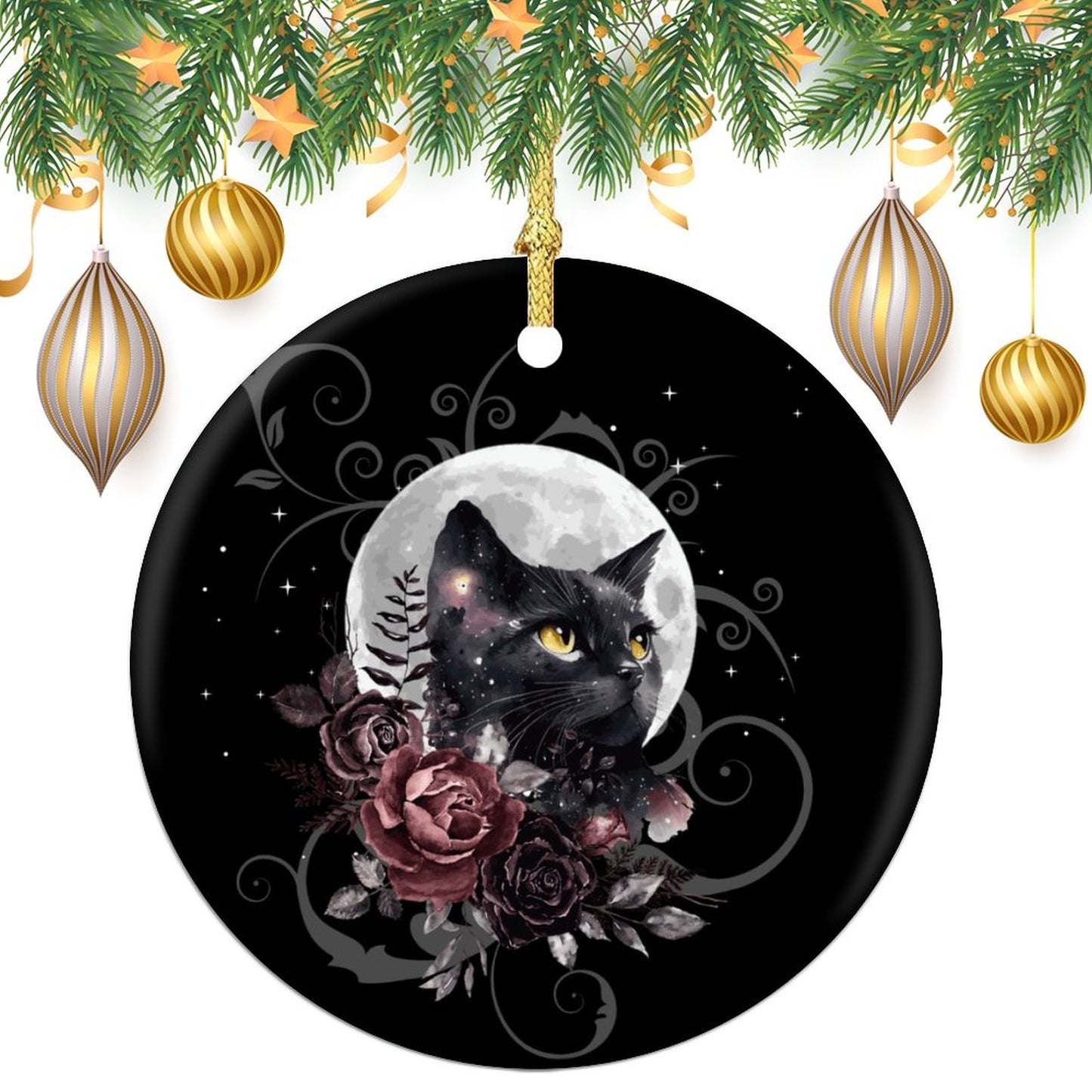 Black Cat Tarot Christmas Ceramic Ornament for Pagan holidays, featuring witch and Yule décor themes, enhance the dark cottagecore aesthetic