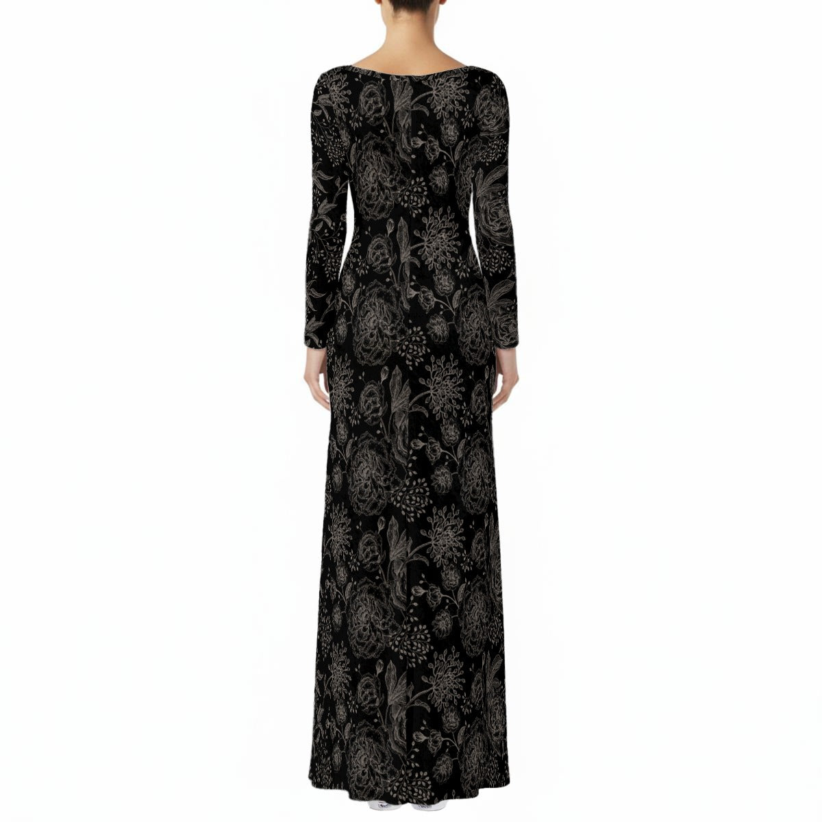 Black floral patterned dress on a white background