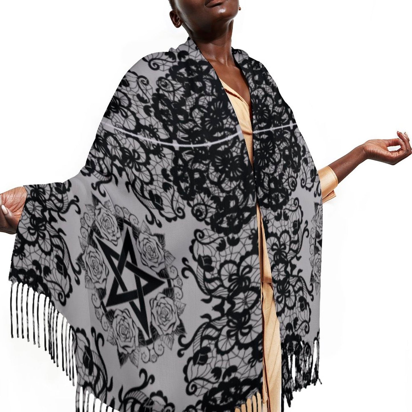 Black Lace Pentagram Tassel Scarf, Witchy Clothing Pentagon Wrap, Occult Gothic Clothing, Fun Witchcore Witchy Stuff for the Holiday Season!