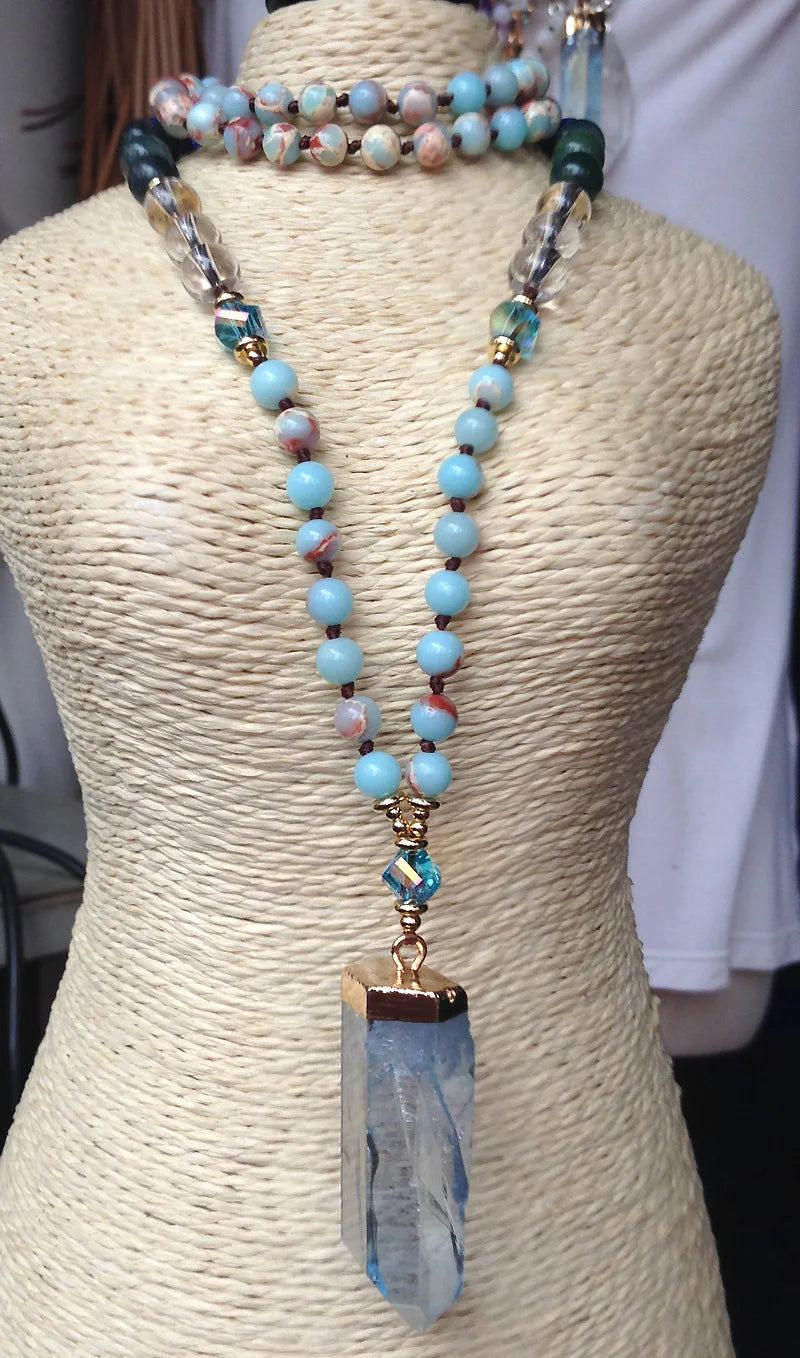 Bohemian Blue Quartz Point Beaded Pendant, Lapis Shoushan Stone Pendant Necklace