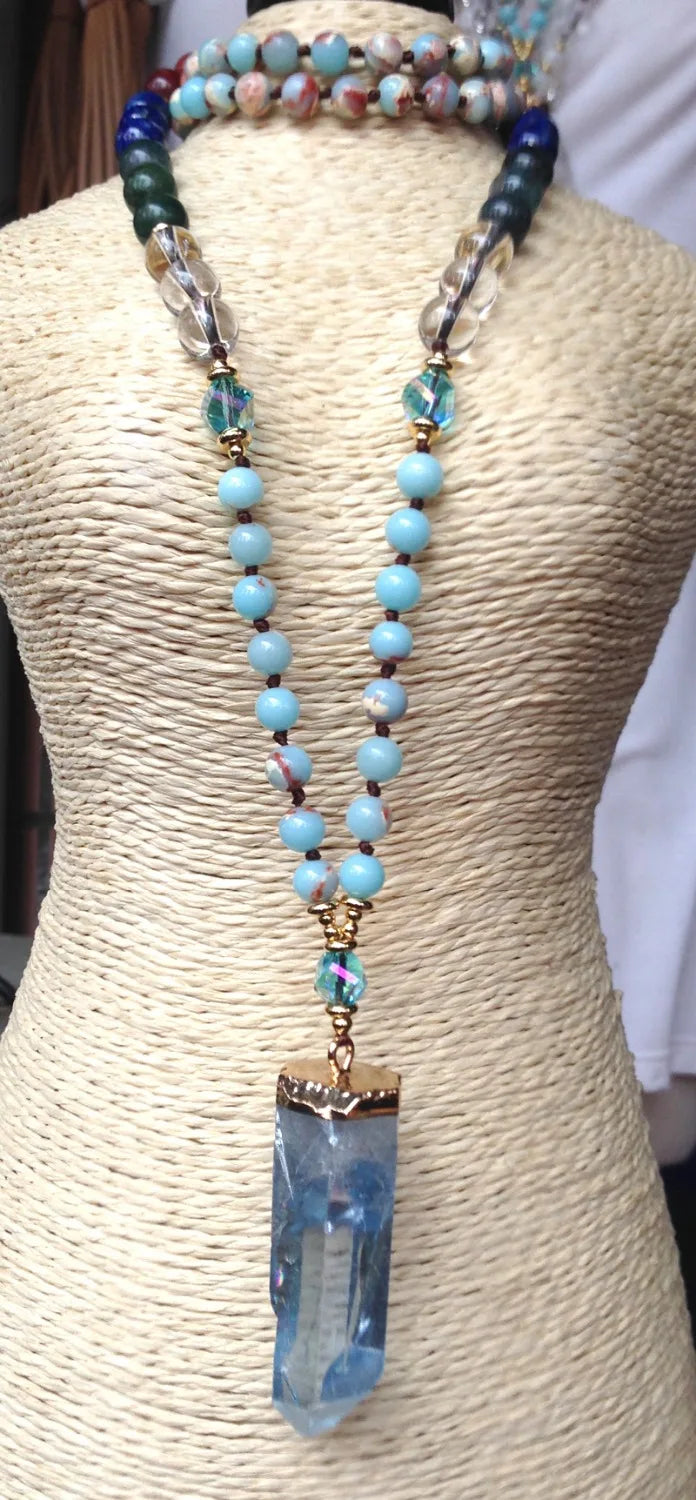 Bohemian Blue Quartz Point Beaded Pendant, Lapis Shoushan Stone Pendant Necklace