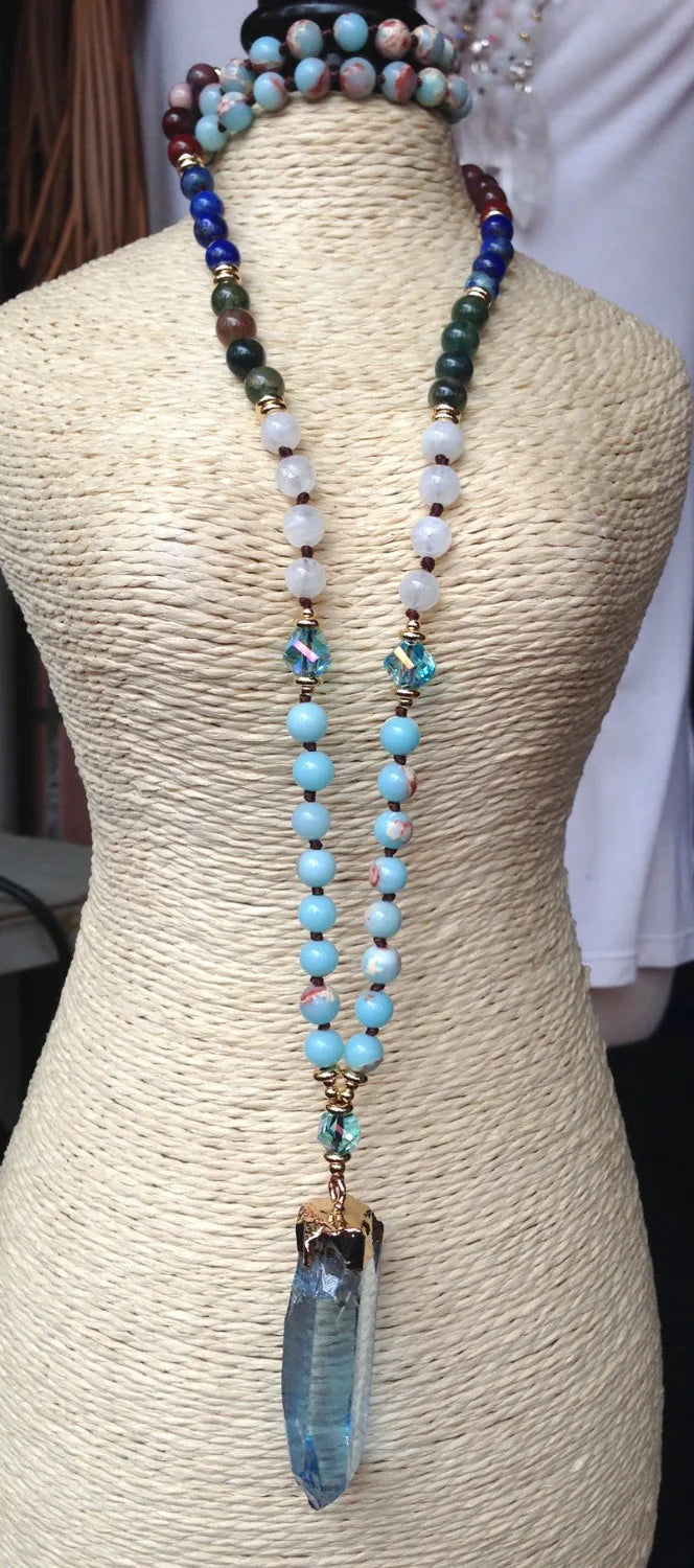 Bohemian Blue Quartz Point Beaded Pendant, Lapis Shoushan Stone Pendant Necklace