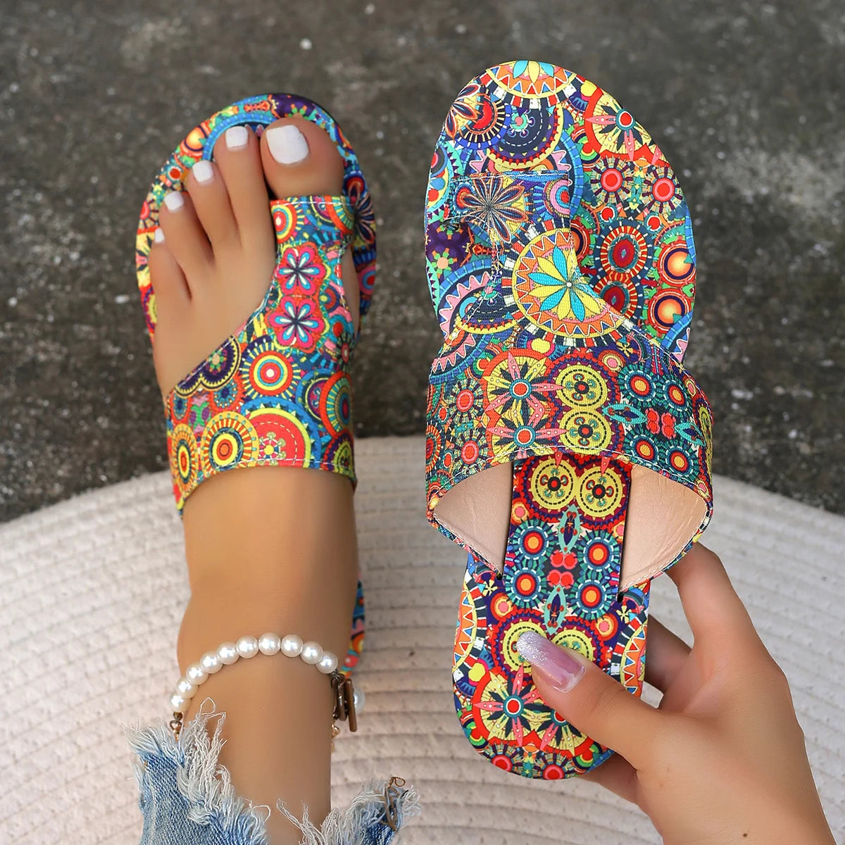 Bohemian Flower Pattern Sandals, Casual Lightweight Shoes, Flip Flop Fashion Slides