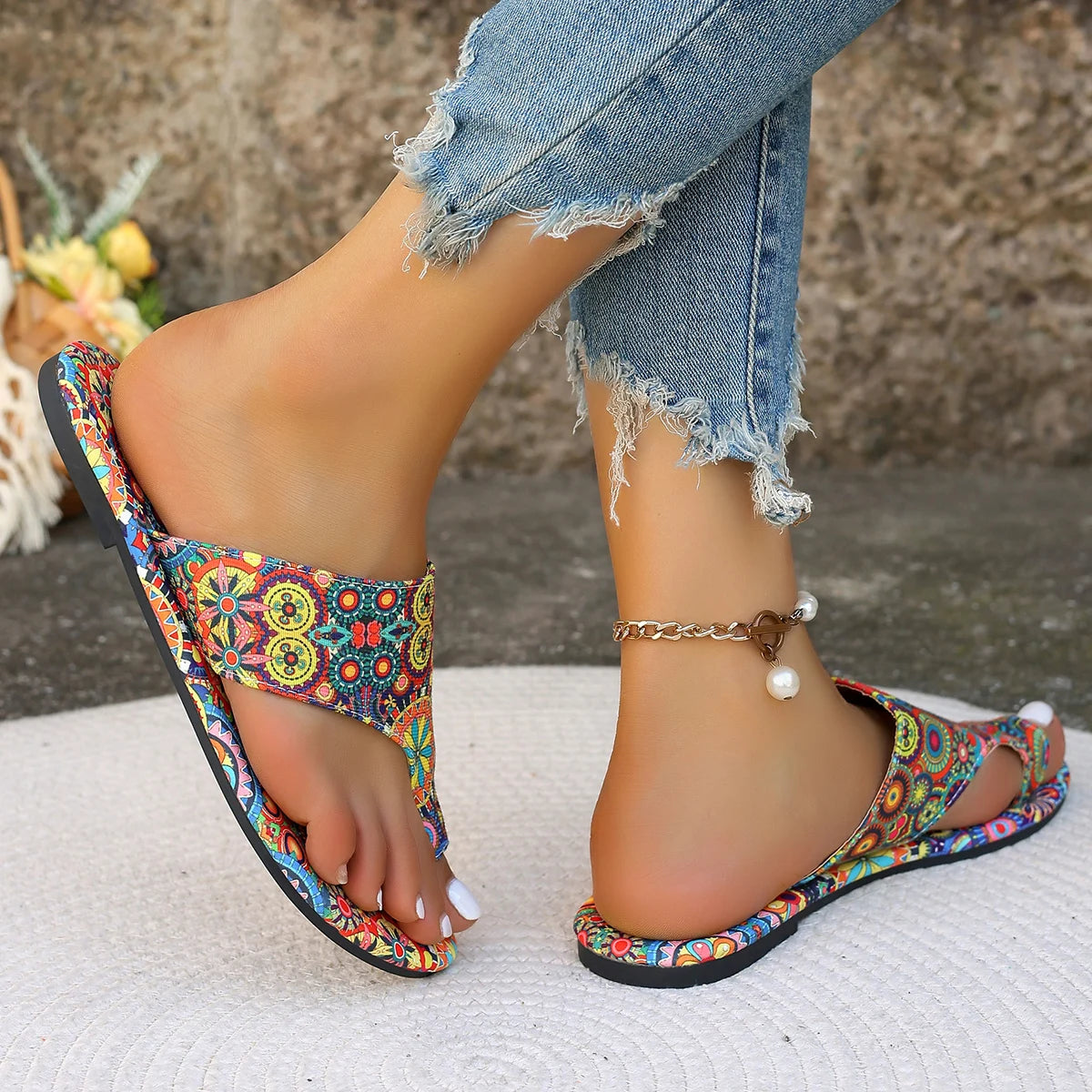 Bohemian Flower Pattern Sandals, Casual Lightweight Shoes, Flip Flop Fashion Slides