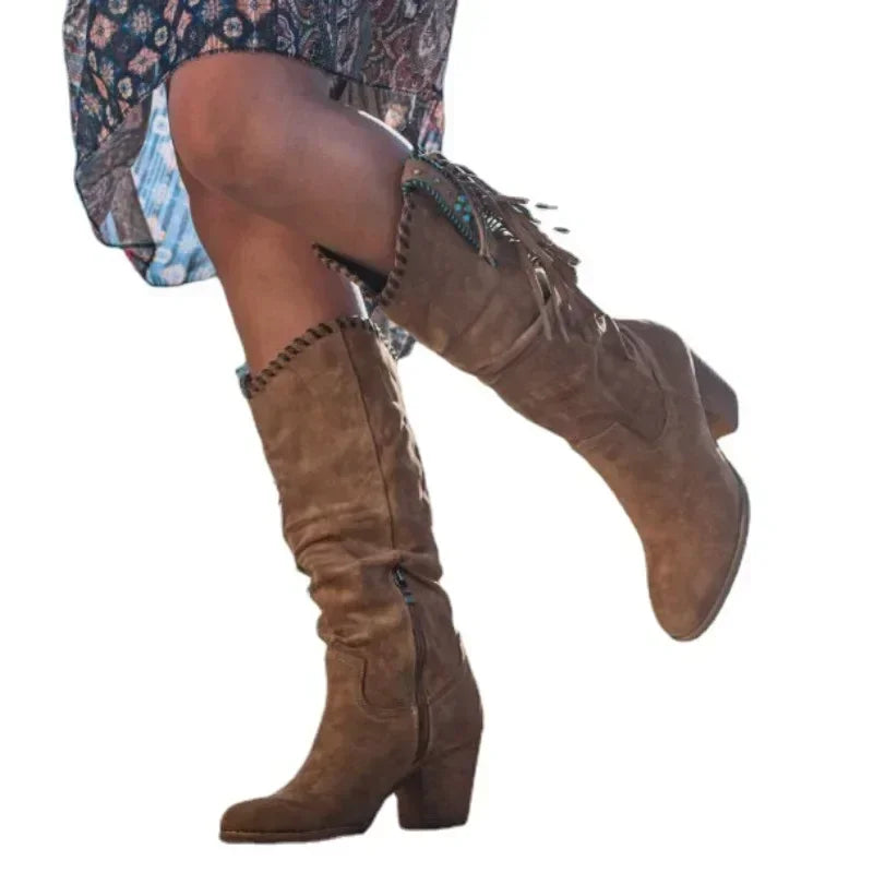 Bohemian High Boots, Winter Ethnic Rivet Tassel Boots