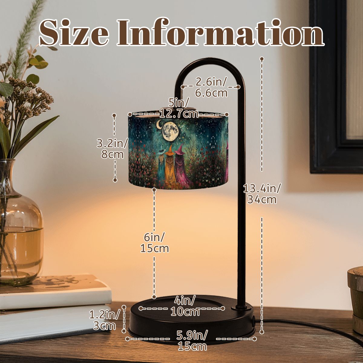 Table lamp with size measurement indicators on a wooden surface.