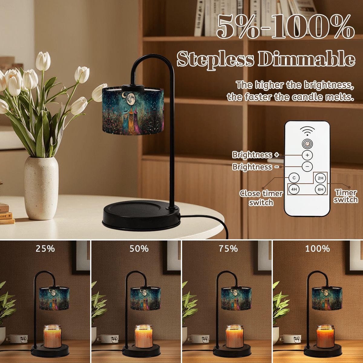 Dimmable table lamp with remote control and candle display, shown with stepless dimming options.