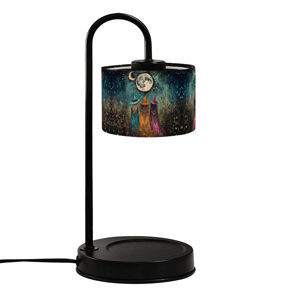 Table lamp with a colorful shade featuring a moon and figures on a white background