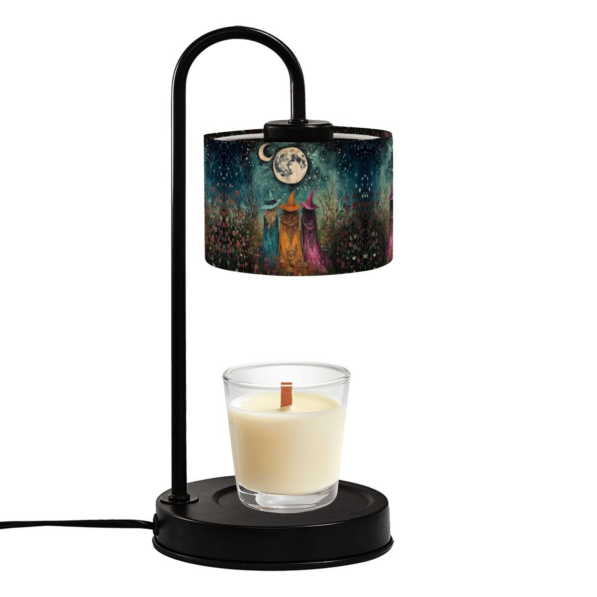 Candle warmer with a decorative lampshade featuring a celestial design.