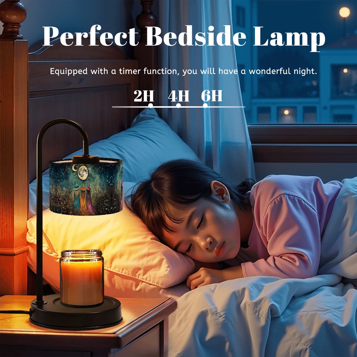 Child sleeping in bed with a bedside lamp and candle, text indicating timer options.