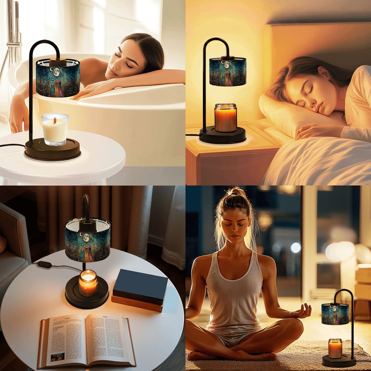 Collage of a woman relaxing in various settings with a table lamp and candle.