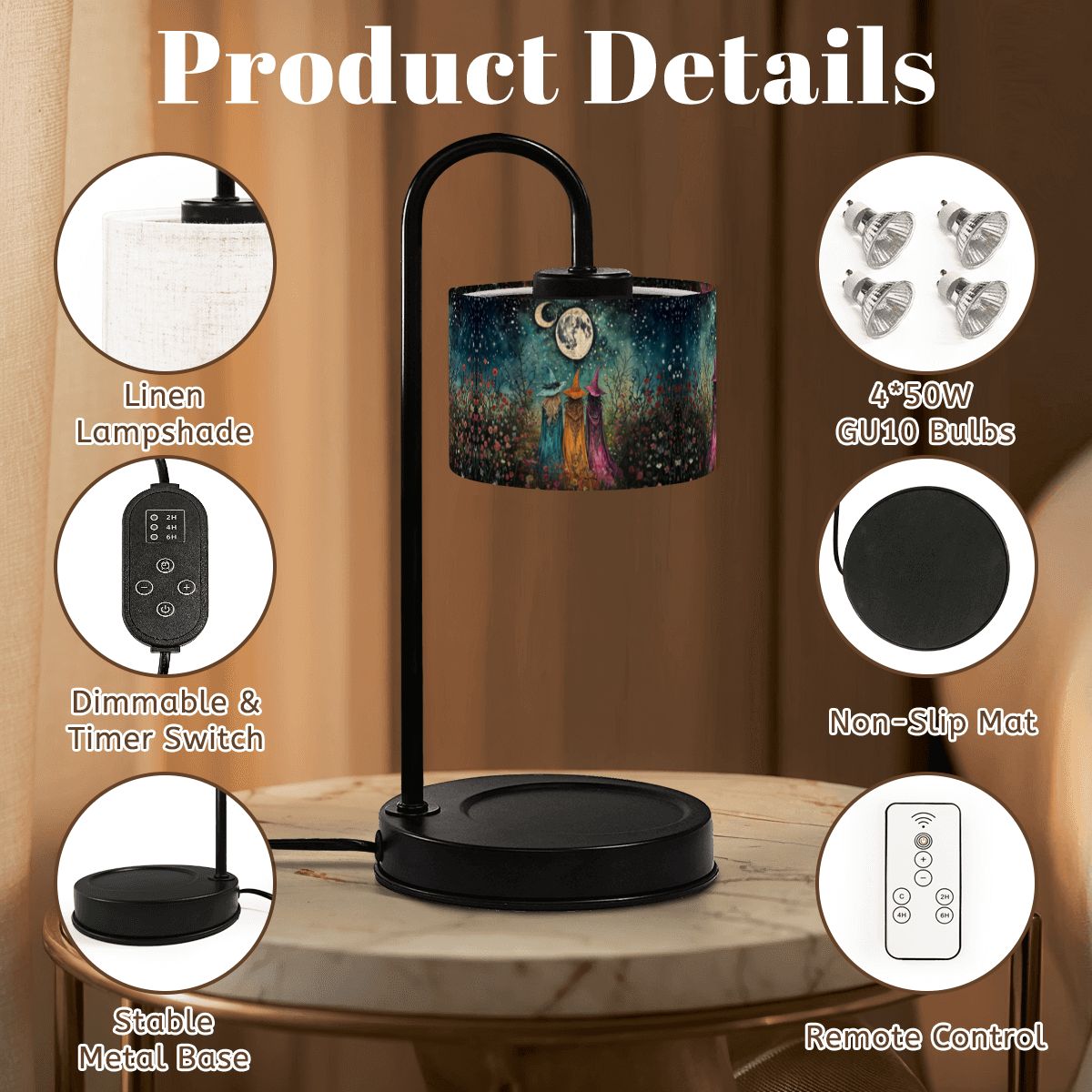 Table lamp with product details on a wooden surface
