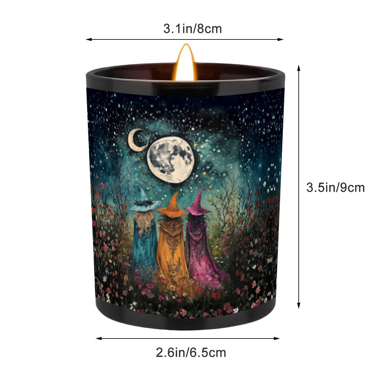 Candle with witch design and measurements on a white background