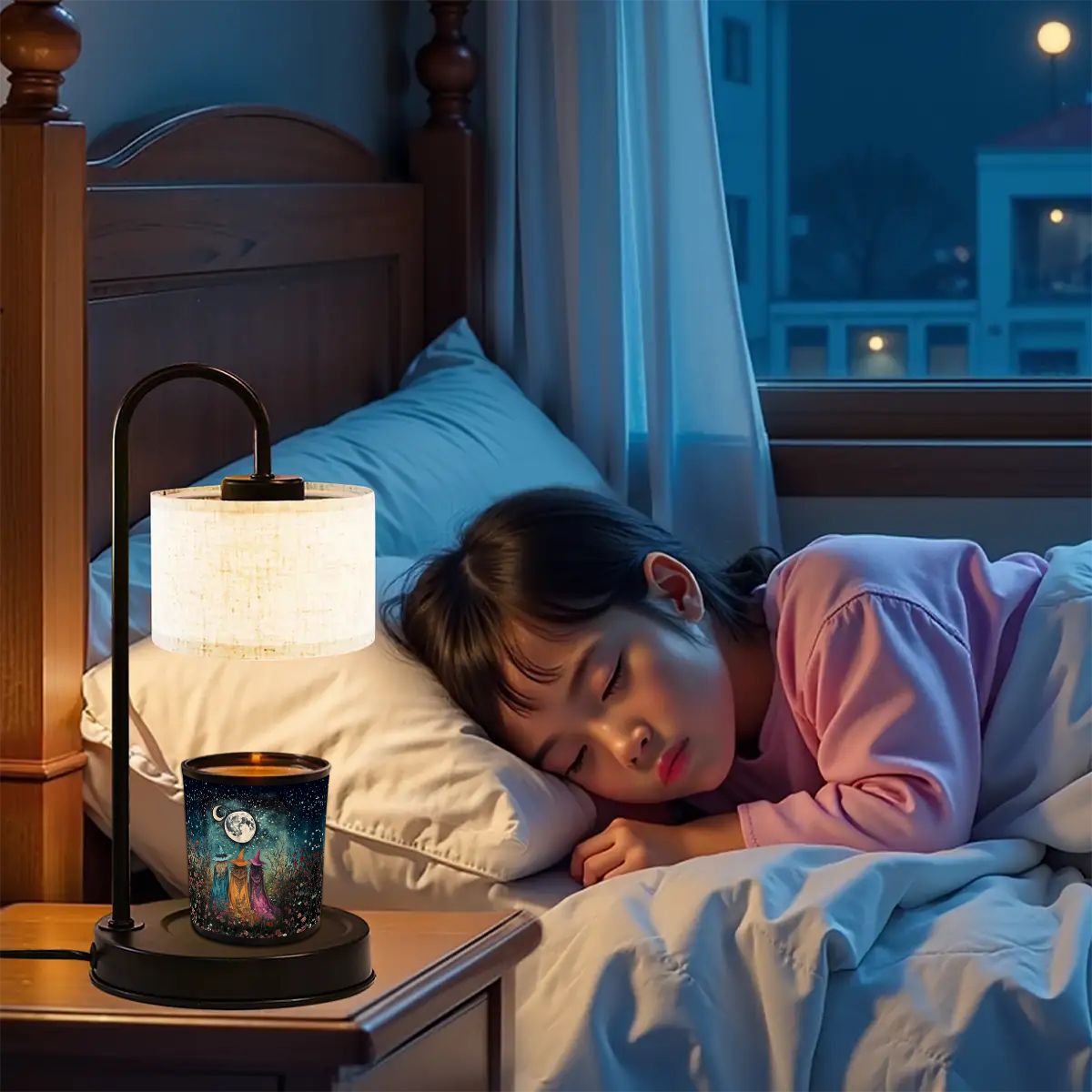 Child sleeping in bed with a night light on a bedside table.