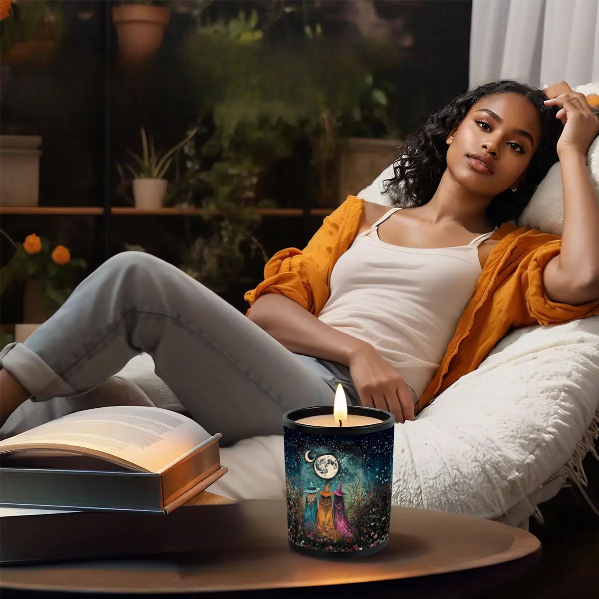 Woman relaxing on a couch with a lit candle and book