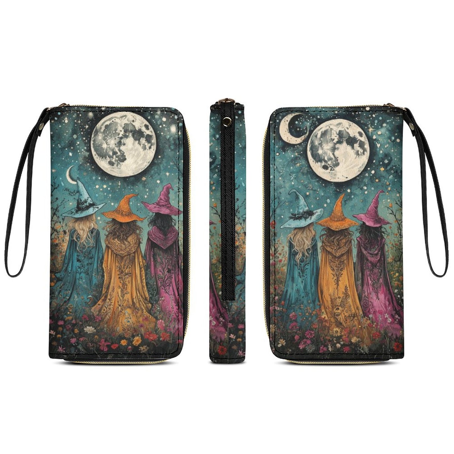 Boho Witches Leather Wallet with Wristlet Strap, Witch Wristlet pagan gift
