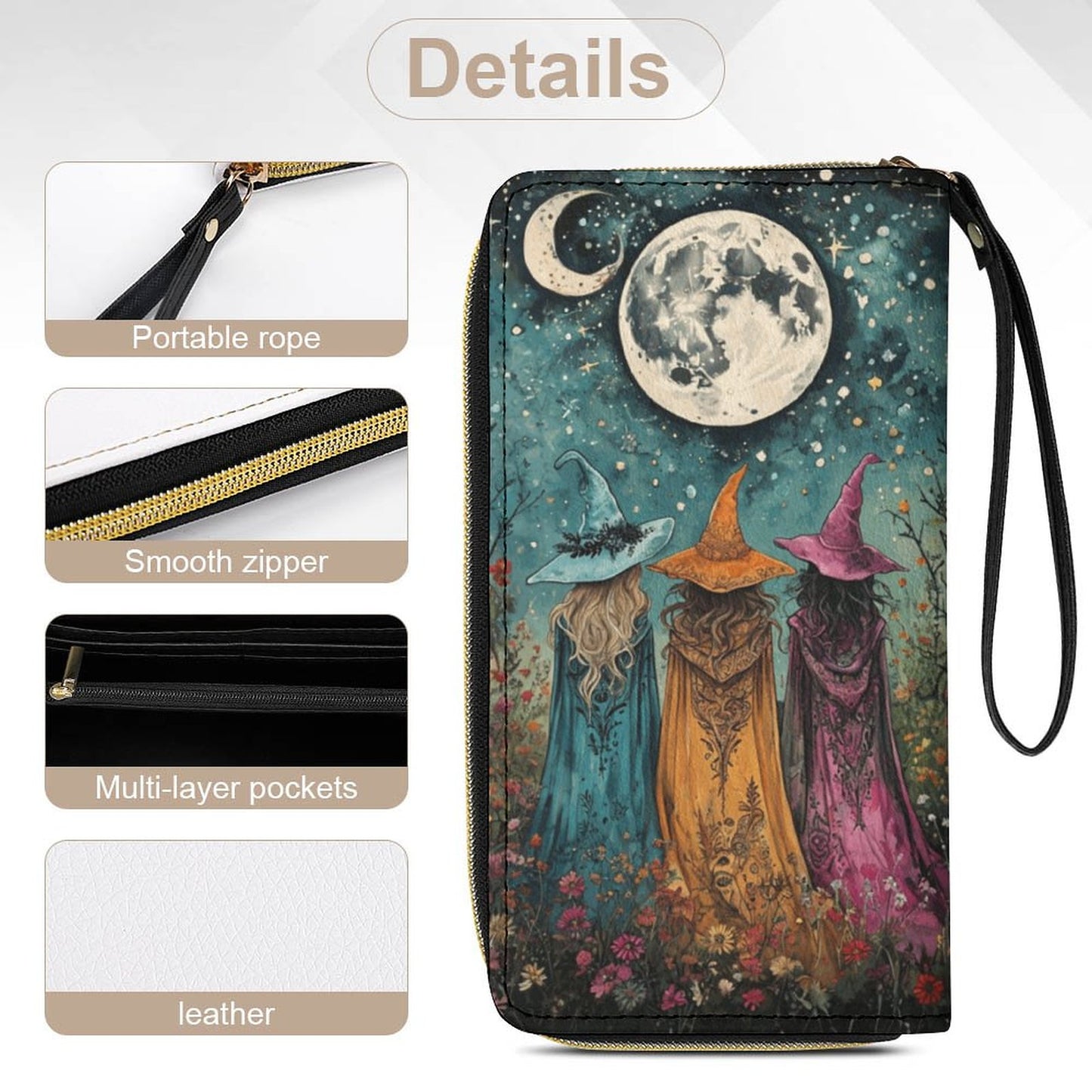Boho Witches Leather Wallet with Wristlet Strap, Witch Wristlet pagan gift