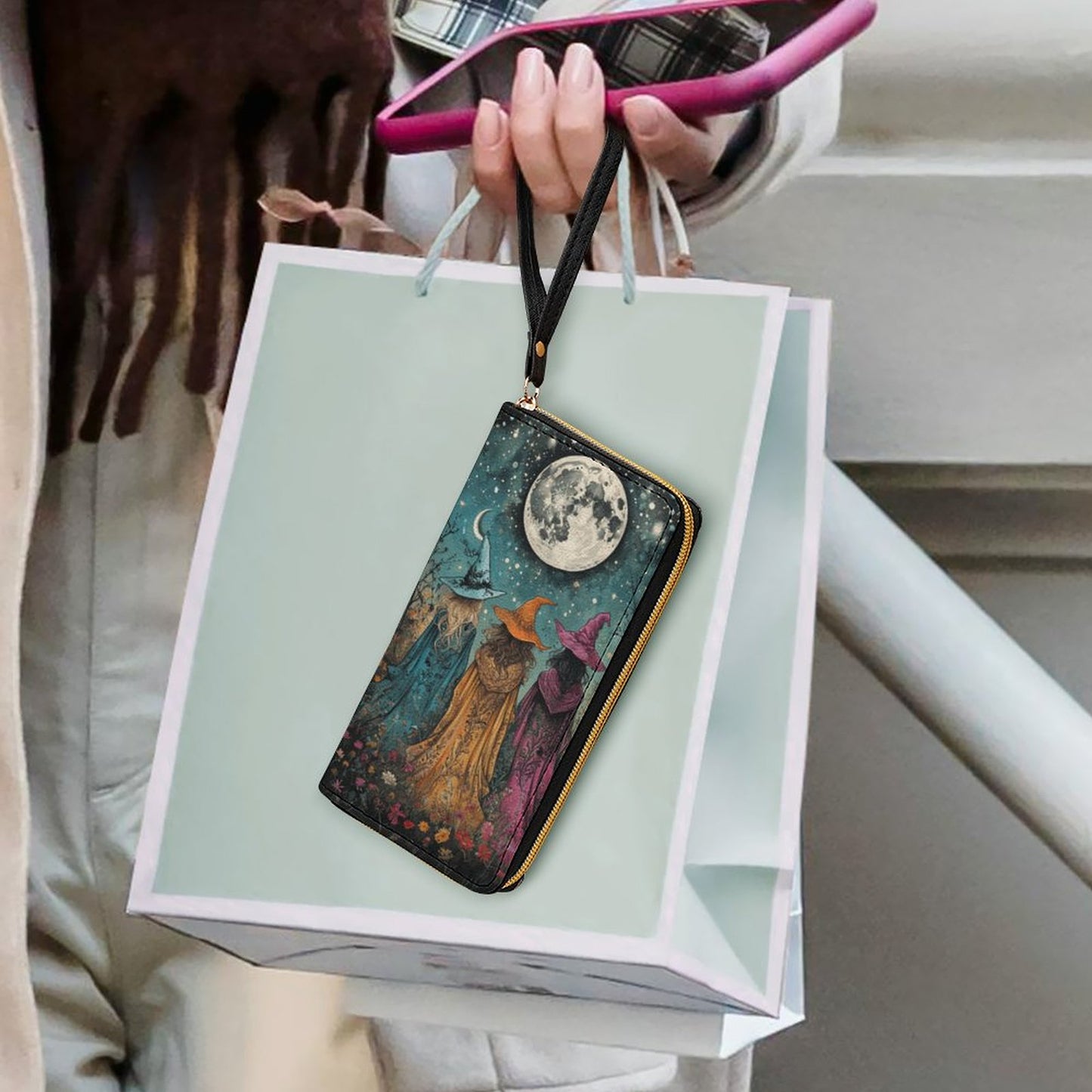 Boho Witches Leather Wallet with Wristlet Strap, Witch Wristlet pagan gift