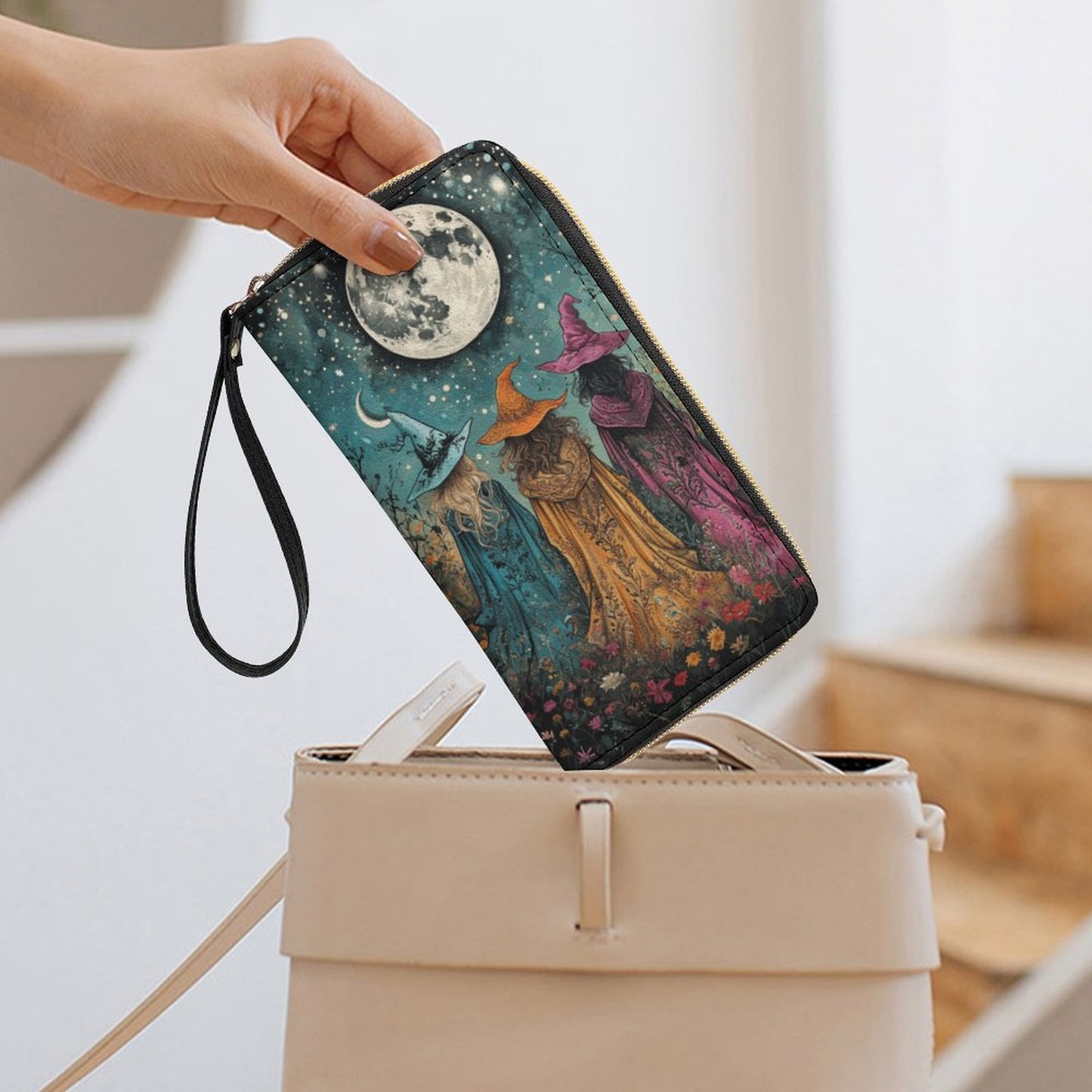 Boho Witches Leather Wallet with Wristlet Strap, Witch Wristlet pagan gift