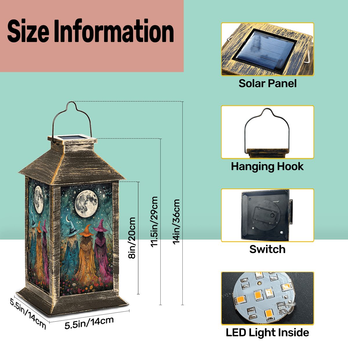 Halloween-themed lantern with solar panel, hanging hook, switch, and LED light inside, shown with size information.