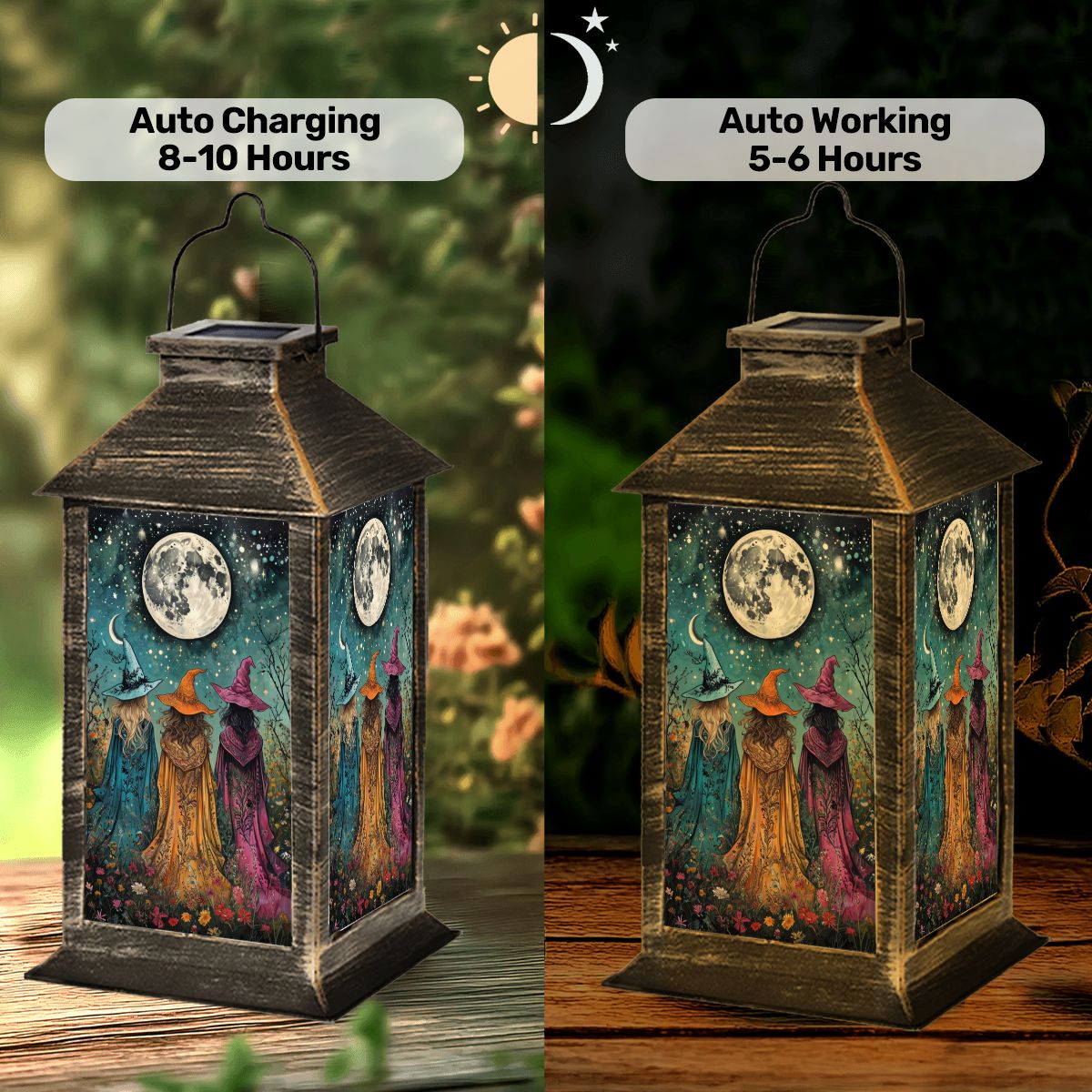 Solar lantern with witch design on a wooden surface, showing charging time comparison.