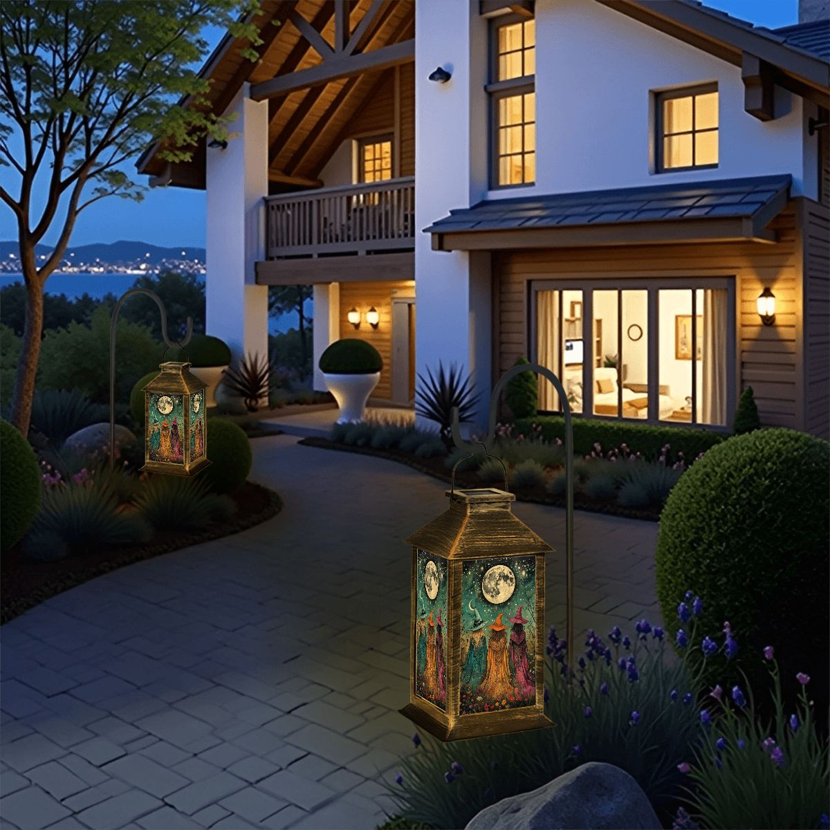 Decorative outdoor lanterns in front of a house at night