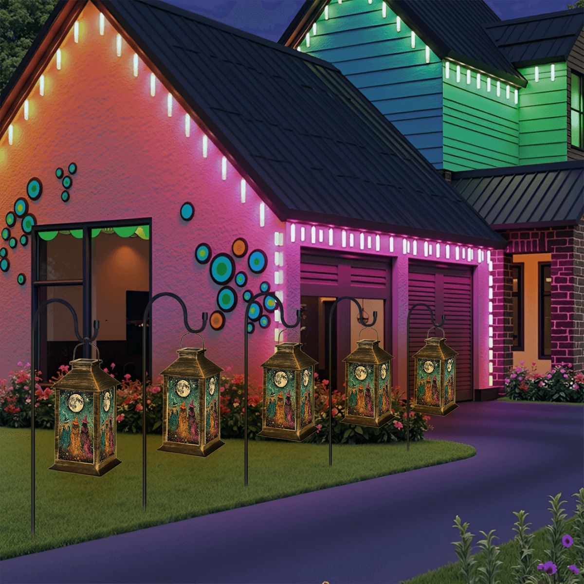 Colorful house exterior with decorative lights and lanterns on a lawn.