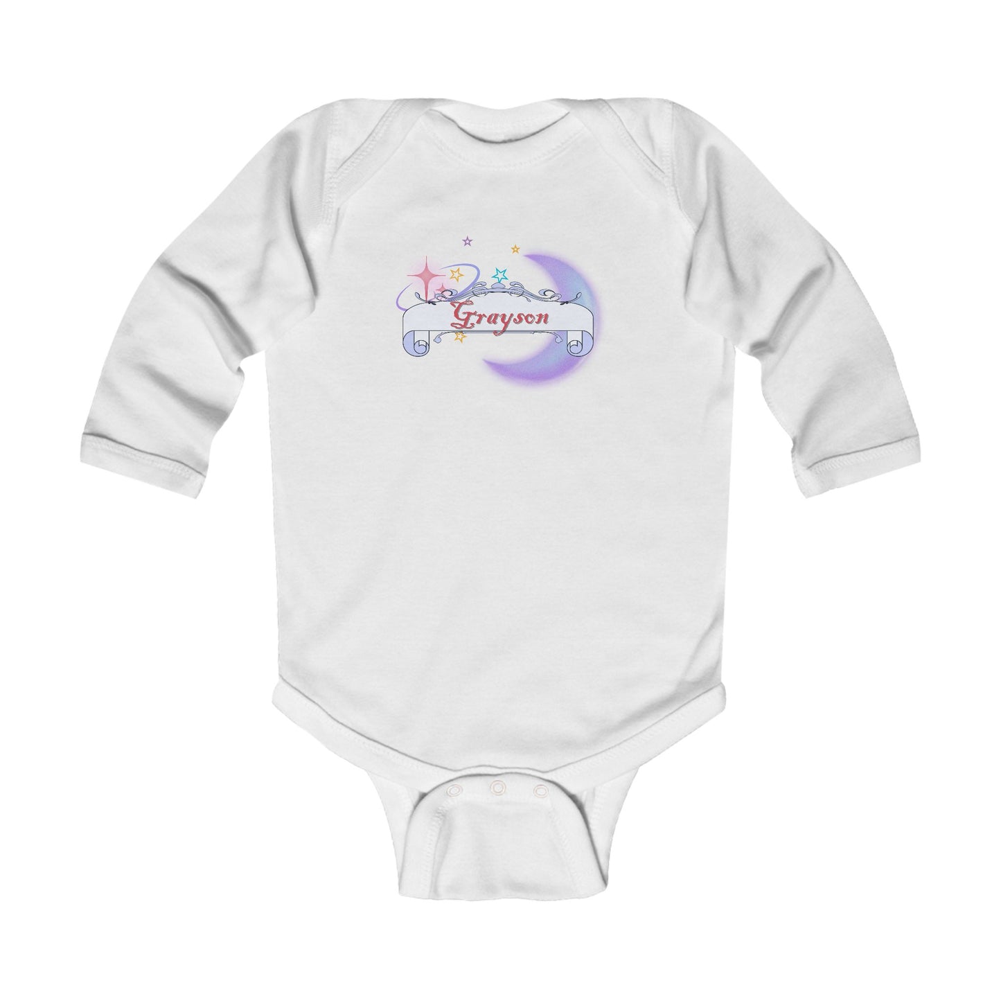 White baby onesie with a colorful design on a white background