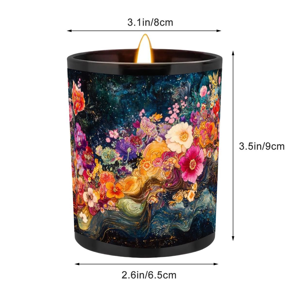 Decorative candle with floral design and measurements on a white background