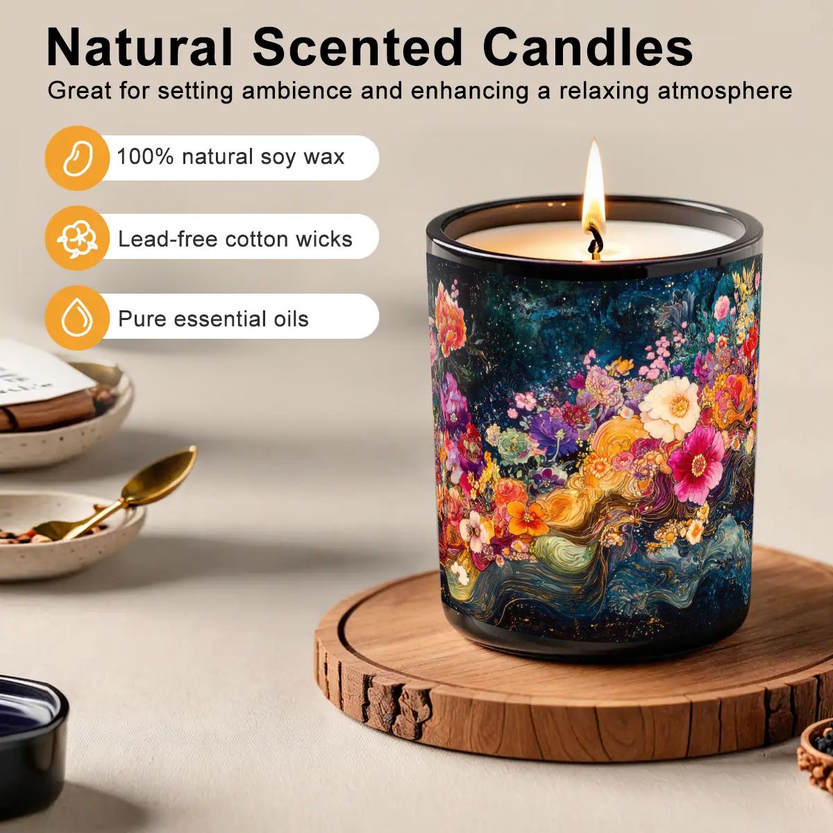 Decorative candle with floral design on a wooden coaster, featuring text about natural scented candles.