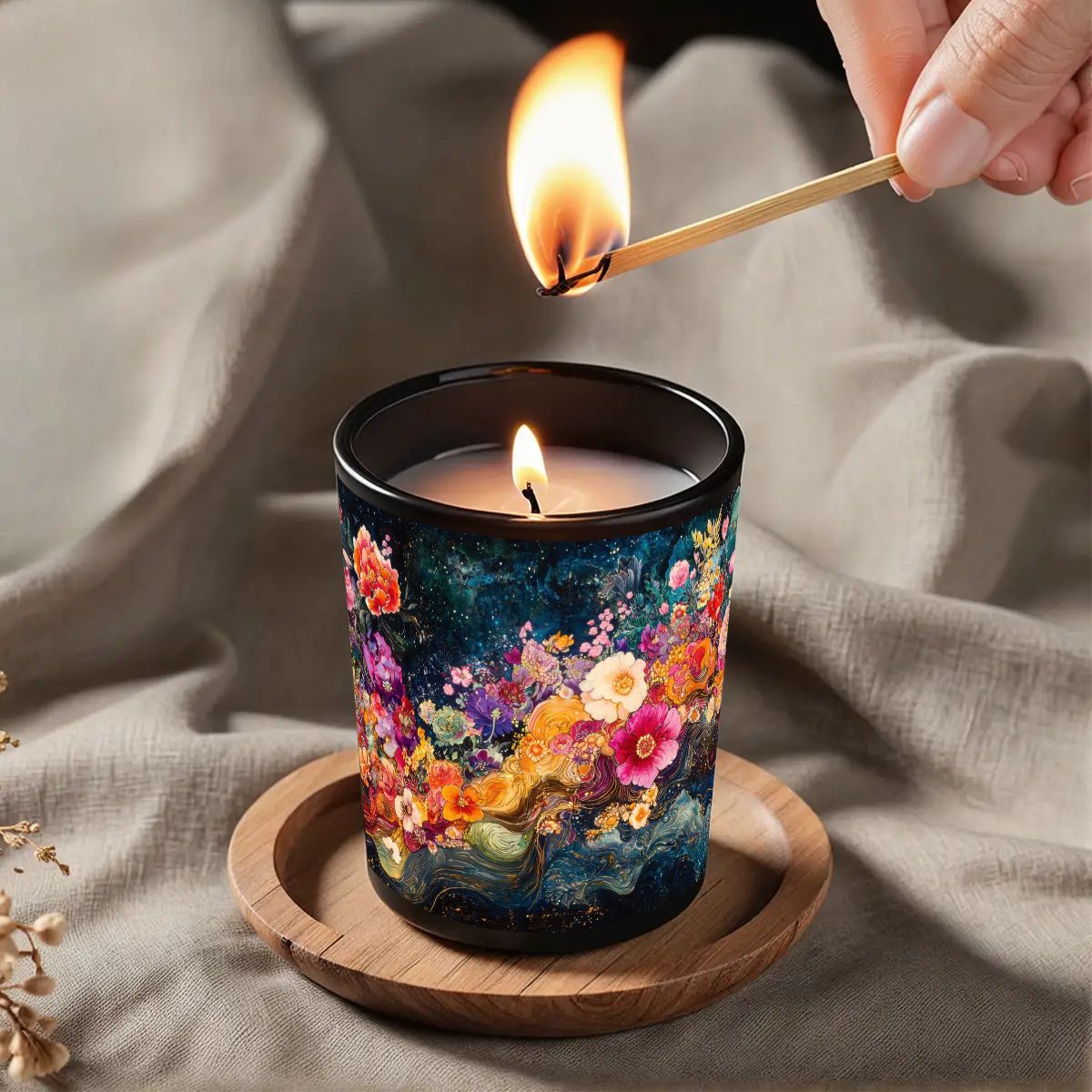 Candle with floral design being lit on a textured surface