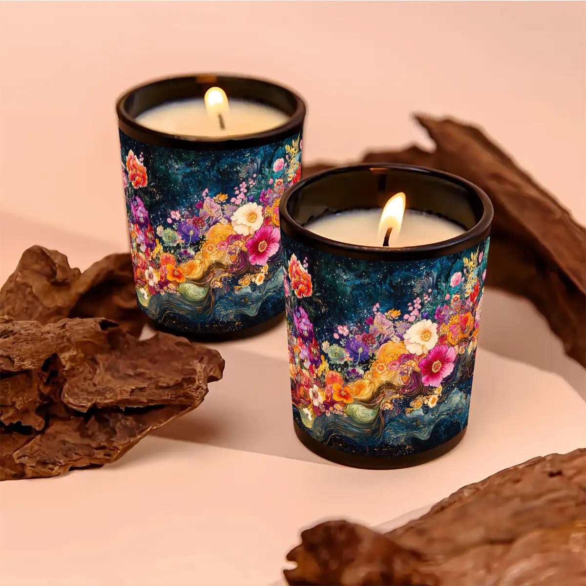 Two lit candles in decorative holders with floral designs on a soft pink background.