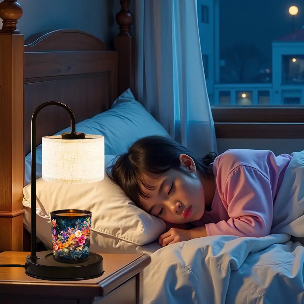 Child sleeping in bed with a night lamp and colorful mug on a nightstand.
