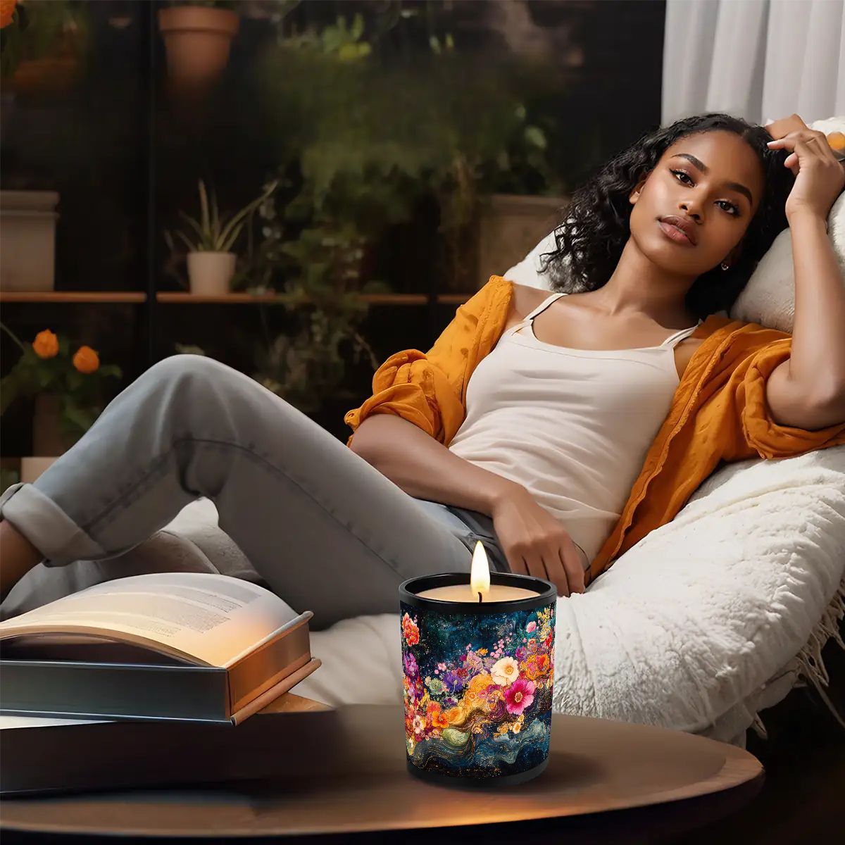 Woman relaxing on a couch with a lit candle and book in a cozy setting