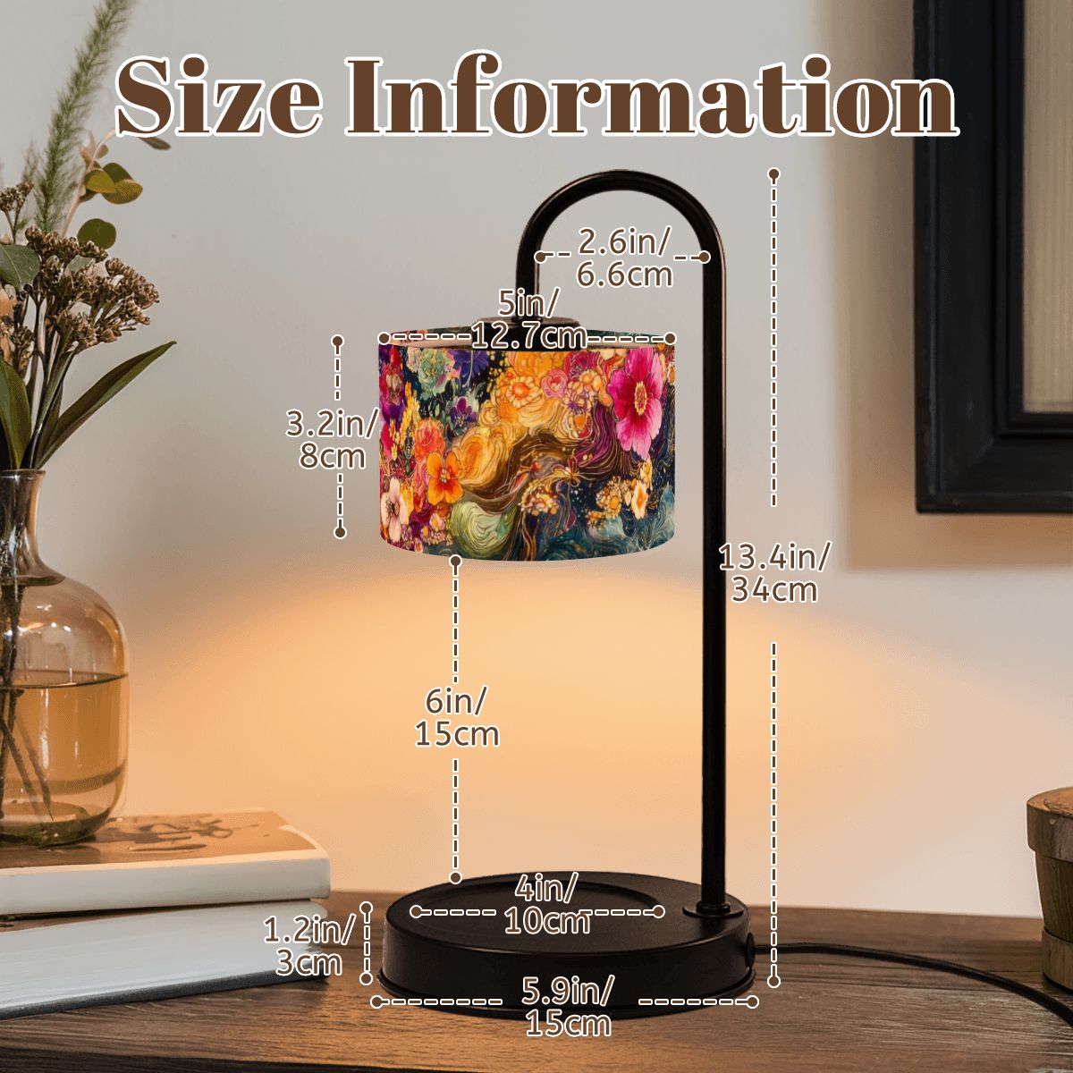 Table lamp with size measurements on a wooden surface