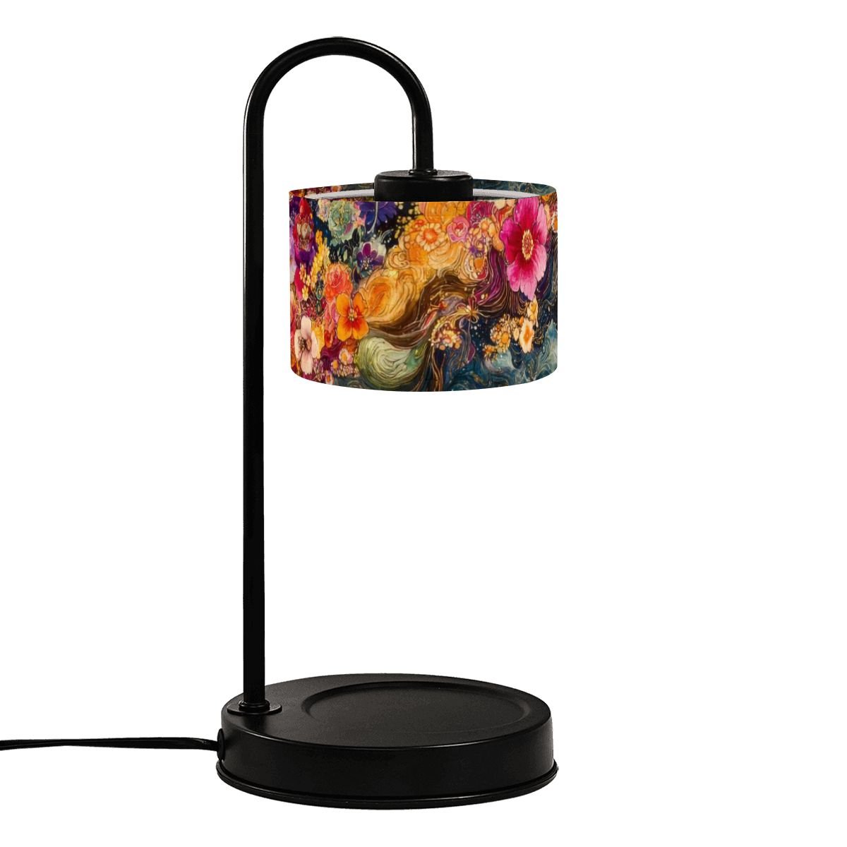 Table lamp with a colorful floral shade on a white background