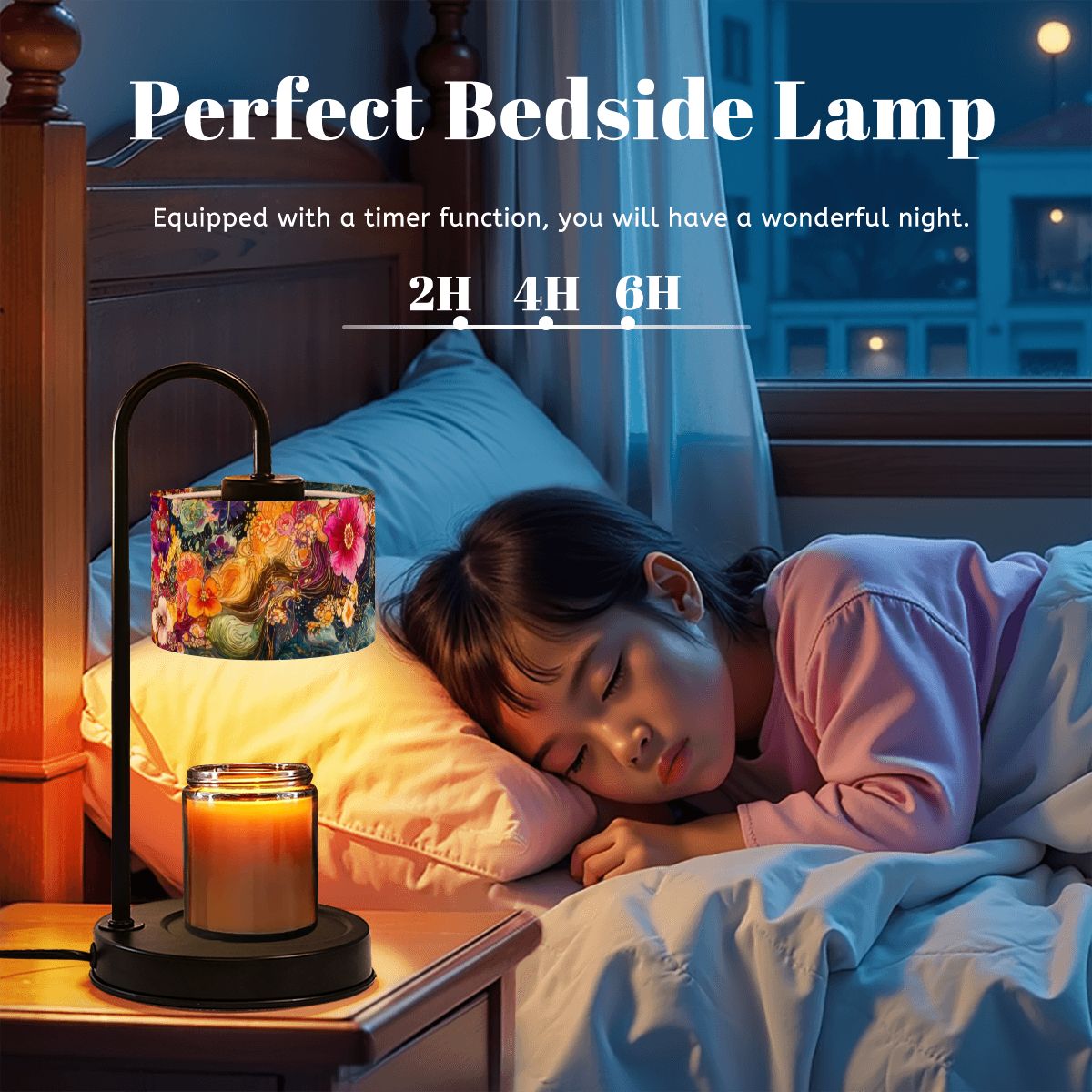 Child sleeping in bed with a bedside lamp and candle, featuring text about timer function.