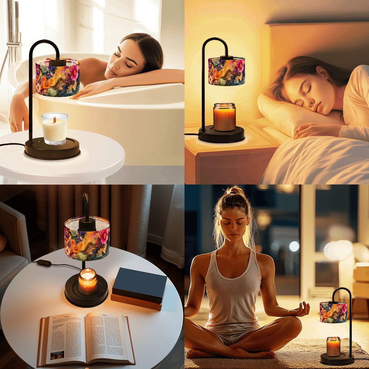 Collage of a woman relaxing in various settings with a floral-patterned lamp and candle.