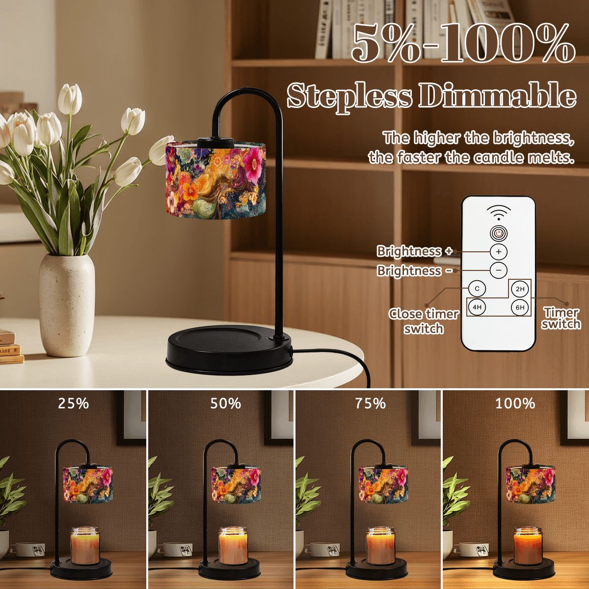 Dimmable candle lamp with remote control on a table with flowers, showing stepless dimming capabilities.
