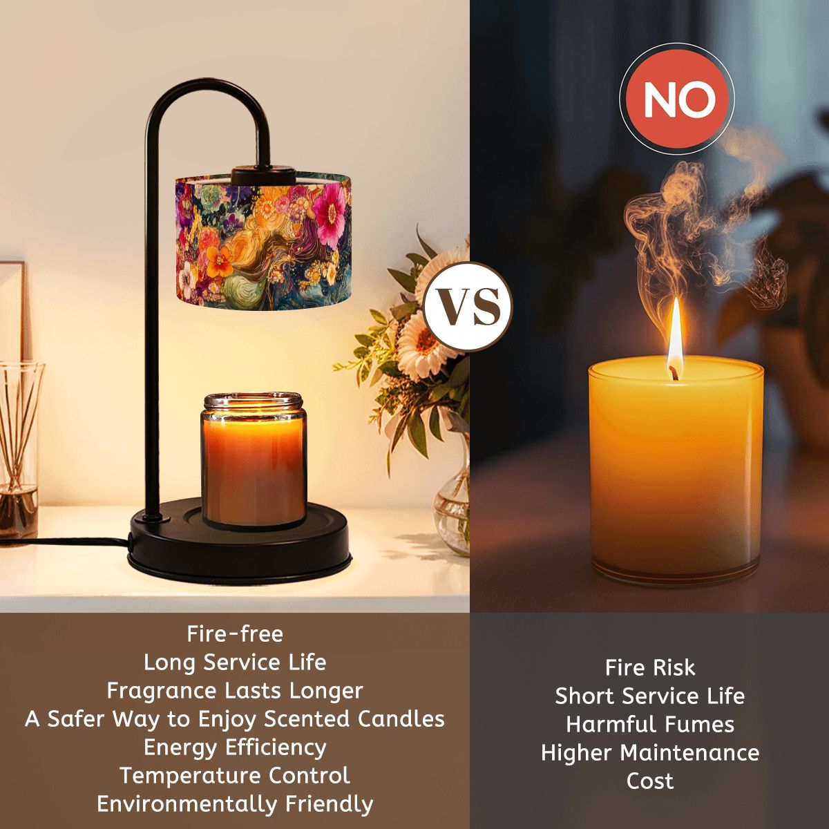 Comparison of a scented candle with a lamp and a lit candle with smoke, highlighting pros and cons.