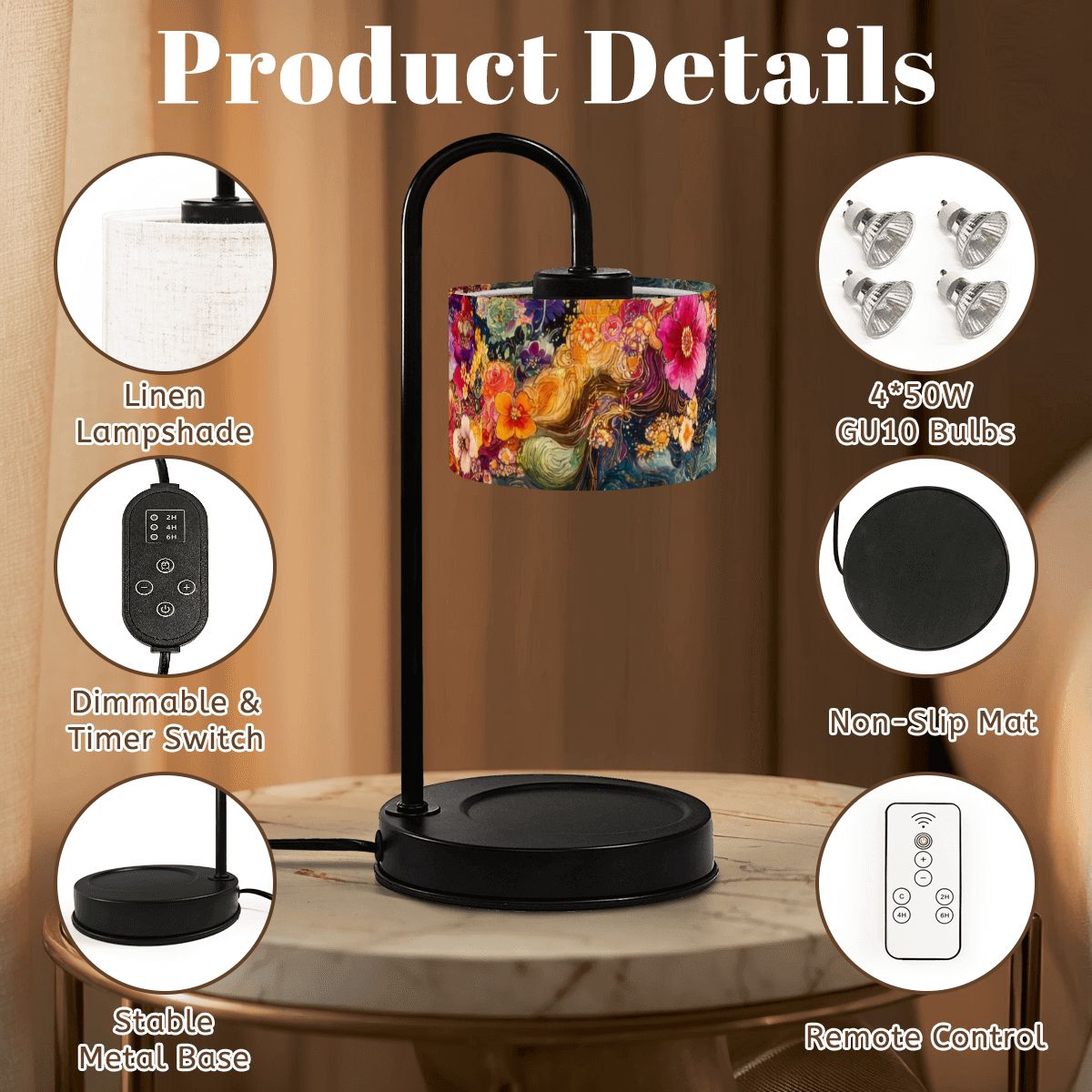Decorative lamp with product details on a wooden table