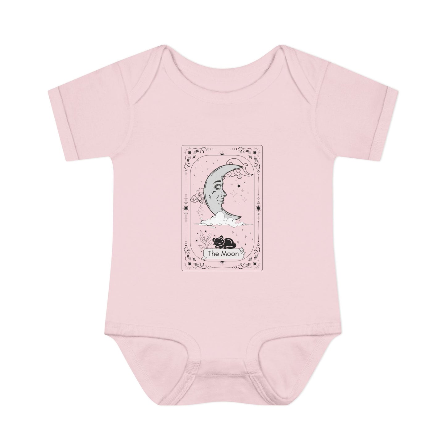Pink baby onesie with 'The Moon' tarot card design on a white background