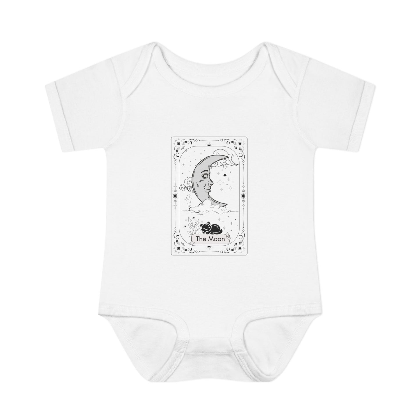 White baby onesie with 'The Moon' tarot card design on a white background