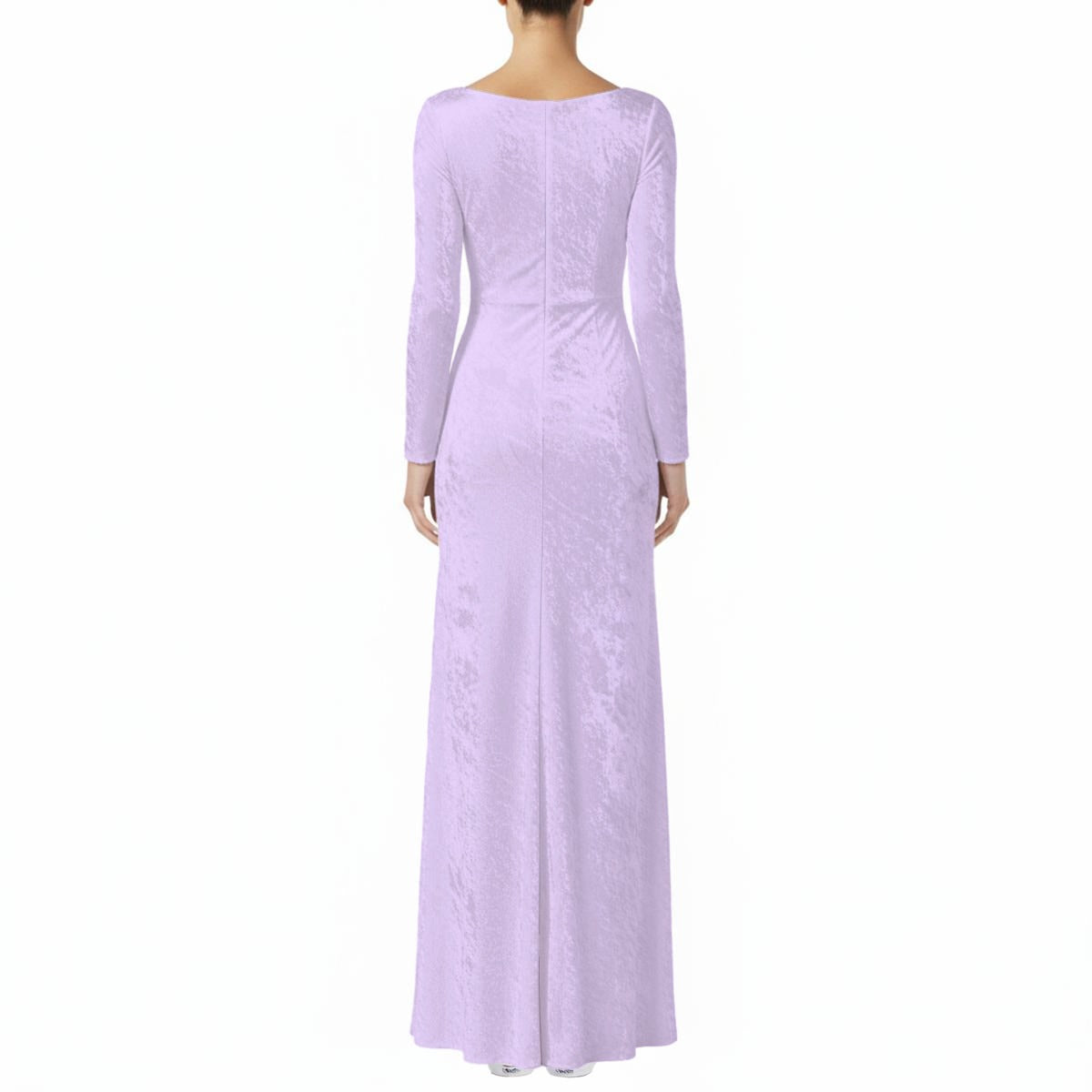 Lavender long-sleeve gown on a white background