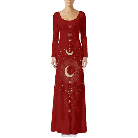 Red dress with celestial design on a white background
