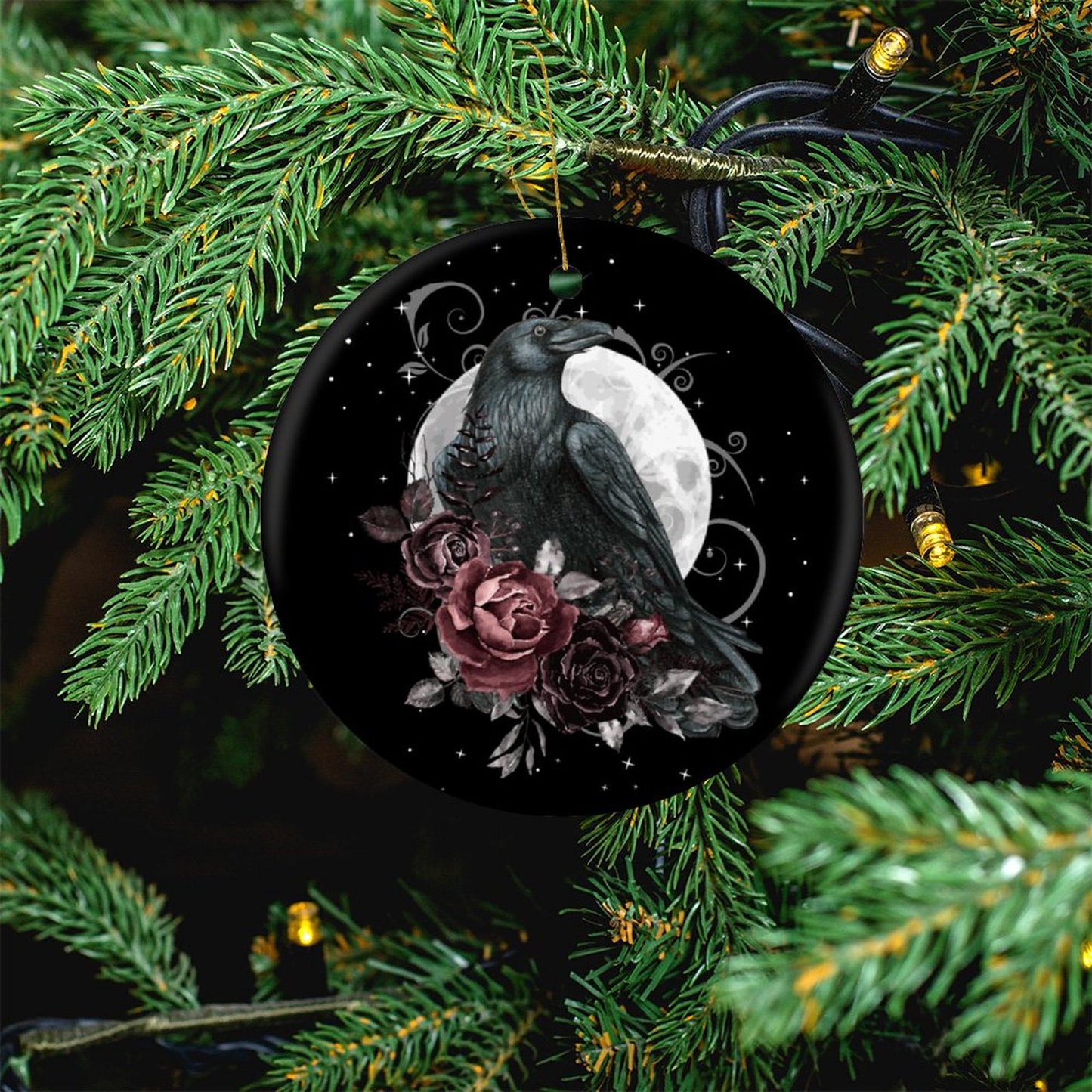 Crow Tarot Round Christmas Ceramic Ornament, pagan holiday ornaments, witch ball,witch ornament, yule decorations, Crow tarot,Raven ornament