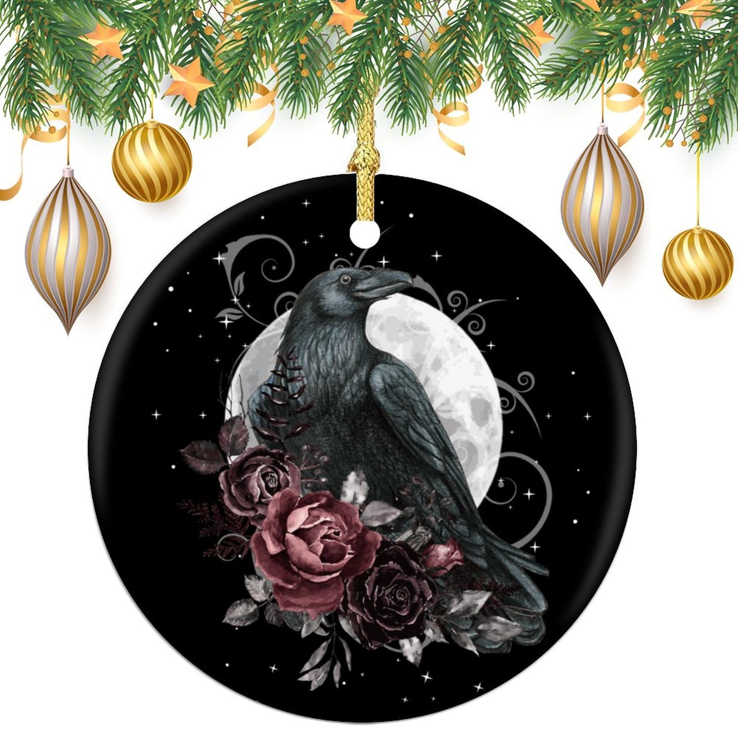 Crow Tarot Round Christmas Ceramic Ornament, pagan holiday ornaments, witch ball,witch ornament, yule decorations, Crow tarot,Raven ornament