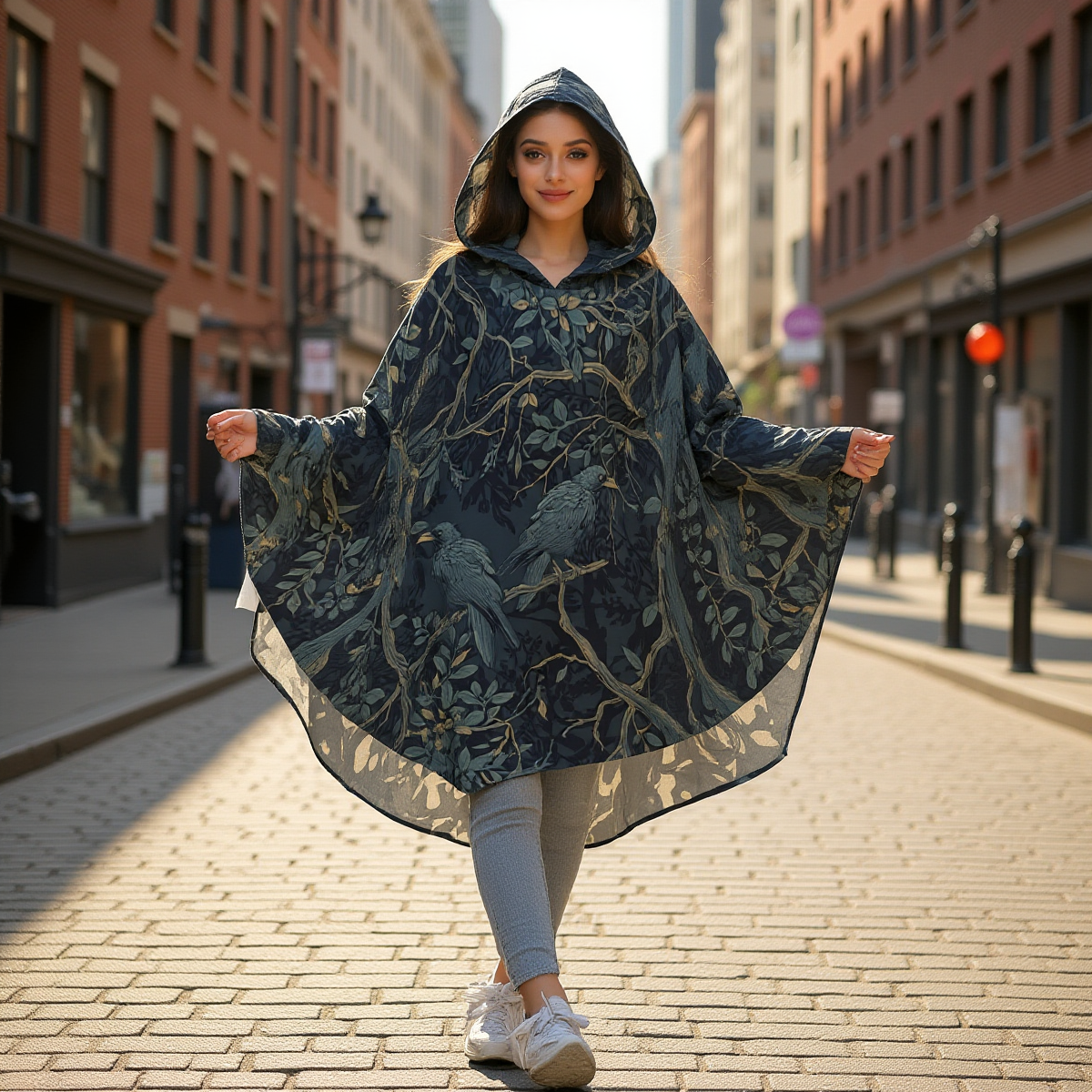 Woman wearing a dark blue floral-patterned hooded poncho on a city street.