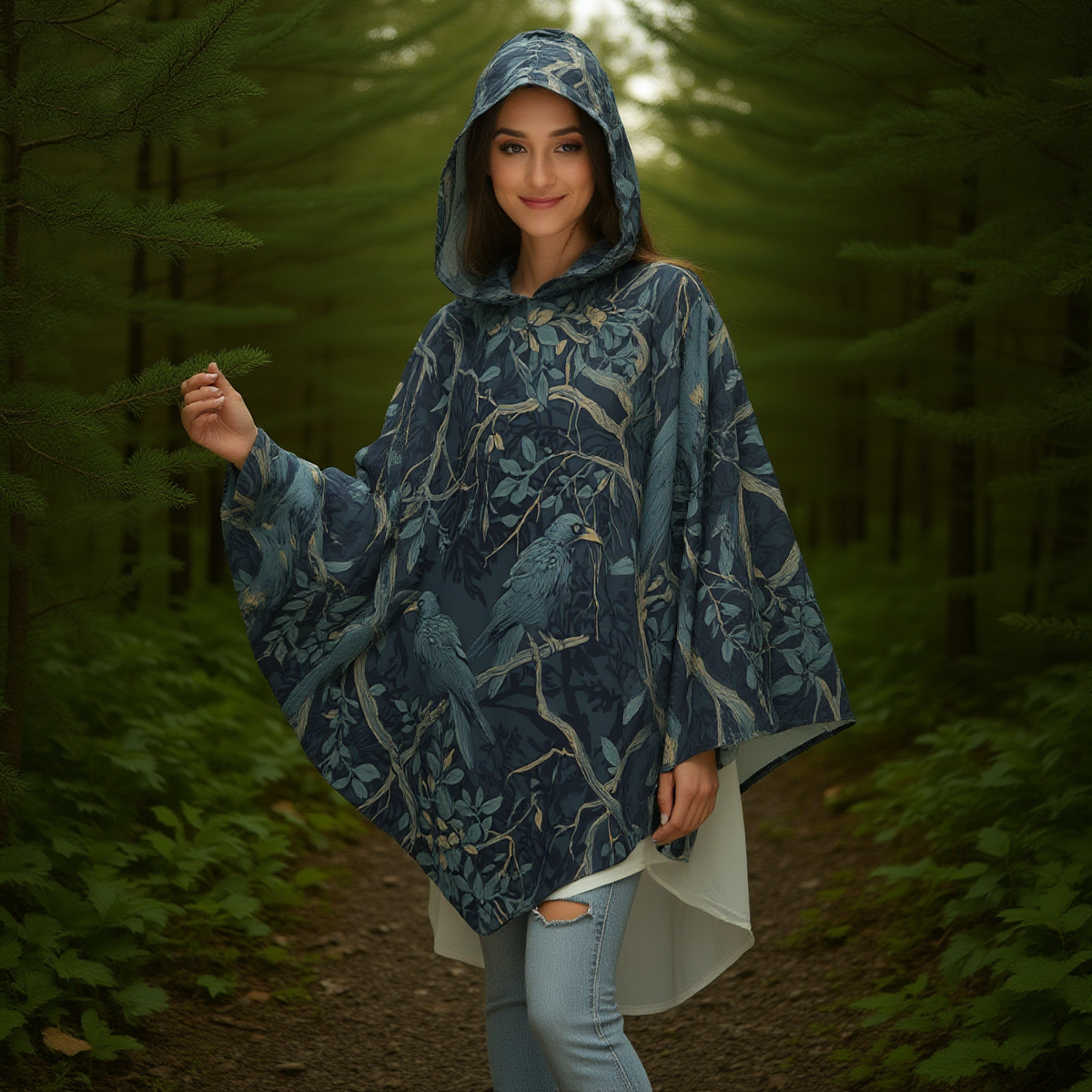 Person wearing a blue hooded poncho with bird pattern in a forest setting