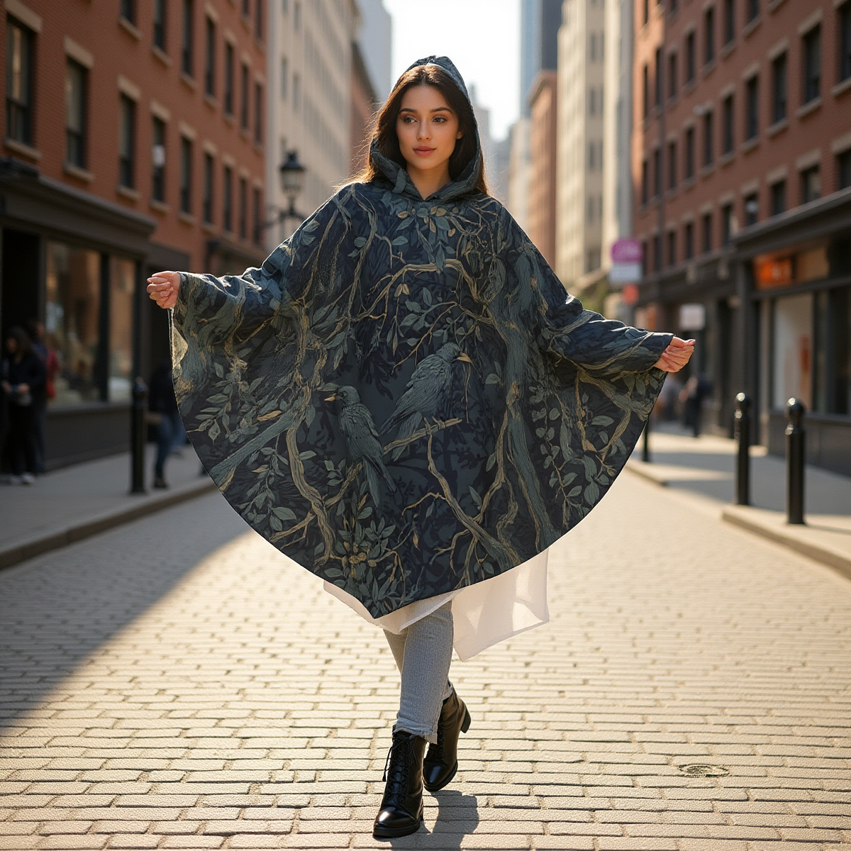 Woman wearing a dark blue patterned cape on a city street